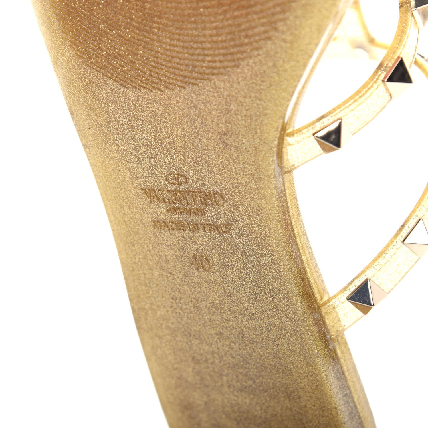 Valentino Garavani PVC Jelly Glitter Rockstud Caged Flat Thong Sandals 40 Oro 9 of 10