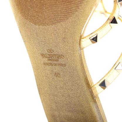 Valentino Garavani PVC Jelly Glitter Rockstud Caged Flat Thong Sandals 40 Oro 9 of 10
