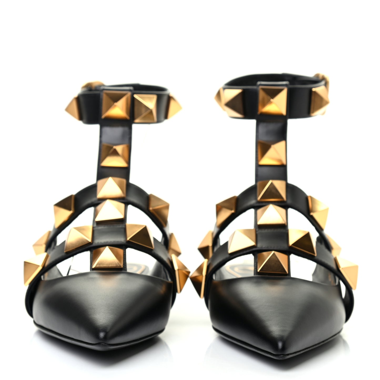 Calfskin Roman Stud Ankle Strap Flat Mules 38.5 Black