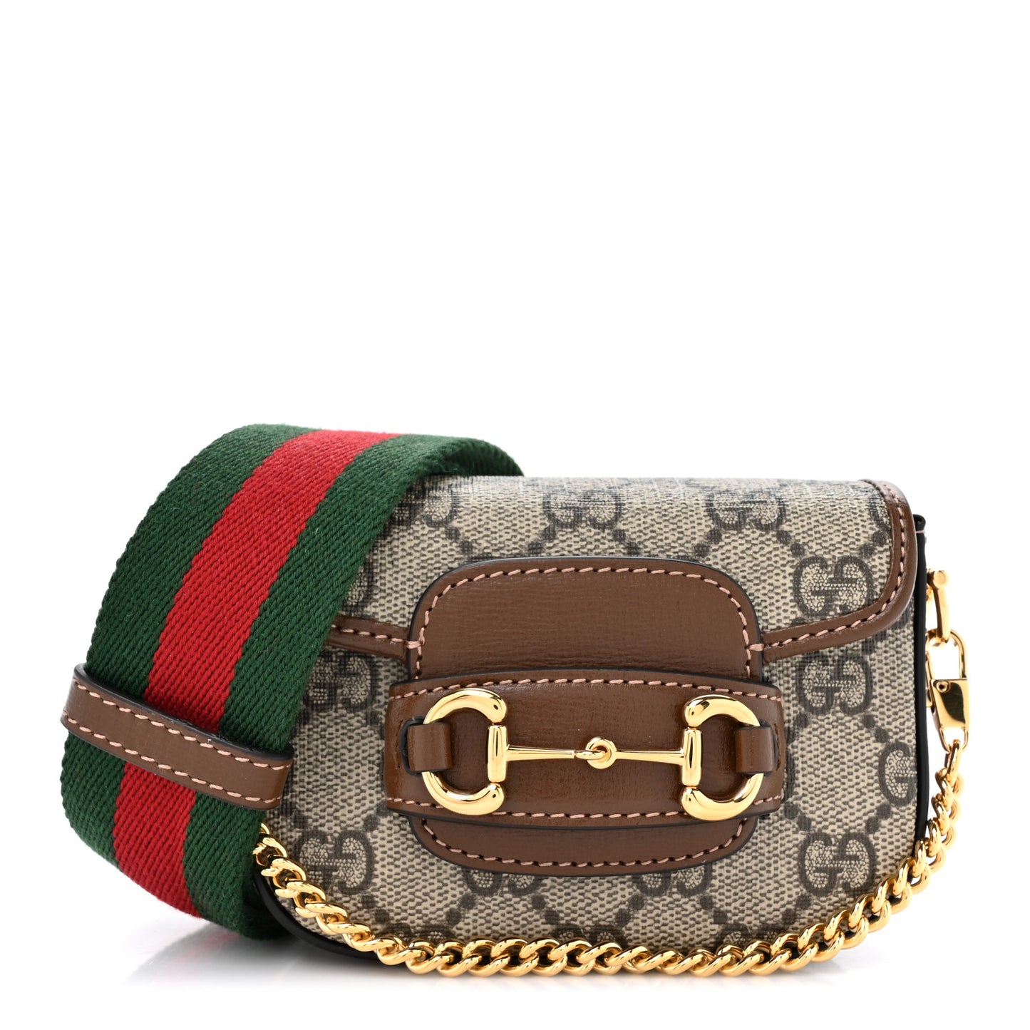 GG Supreme Monogram Azalea Calfskin Web Horsebit 1955 Wallet On Strap Beige Ebony Brown Sugar