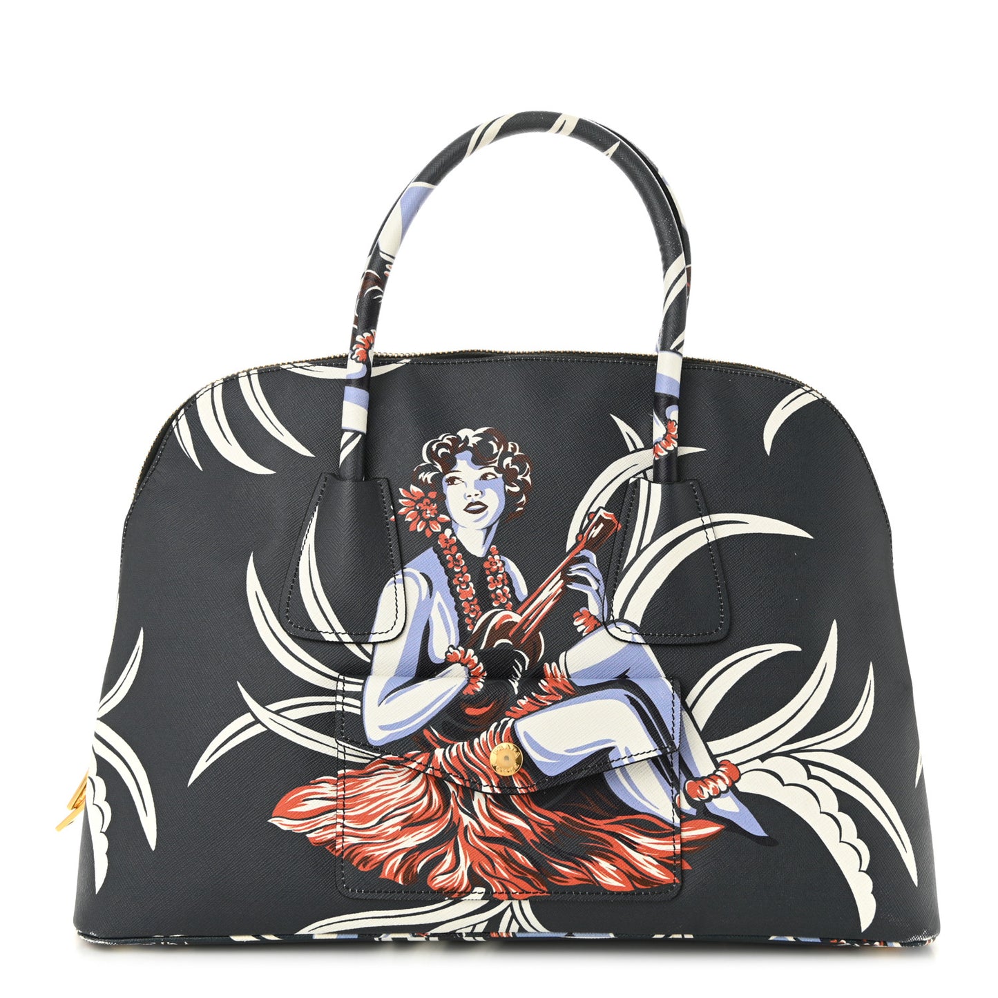 Saffiano Print Hawaiian Girl Front Pocket Tote Smeraldo
