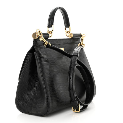 Dolce & Gabbana DOLCE & GABBANA Calfskin Iguana Embossed Studded Medium Fashion Sinner Patch Miss Sicily Satchel Black 3 of 10