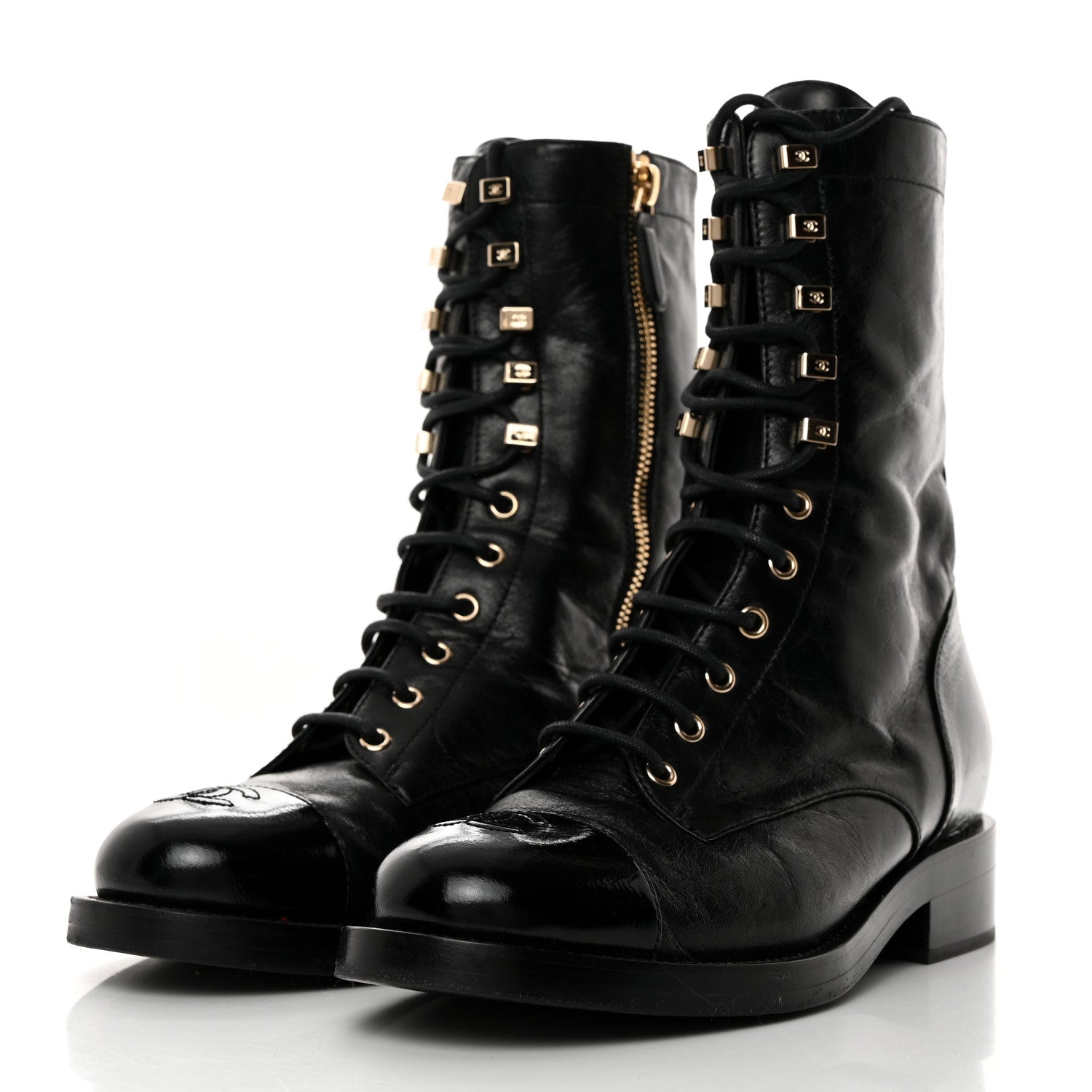 Chanel Patent Cap Toe Lace Up Combat Boots 39.5 Black 3 of 8