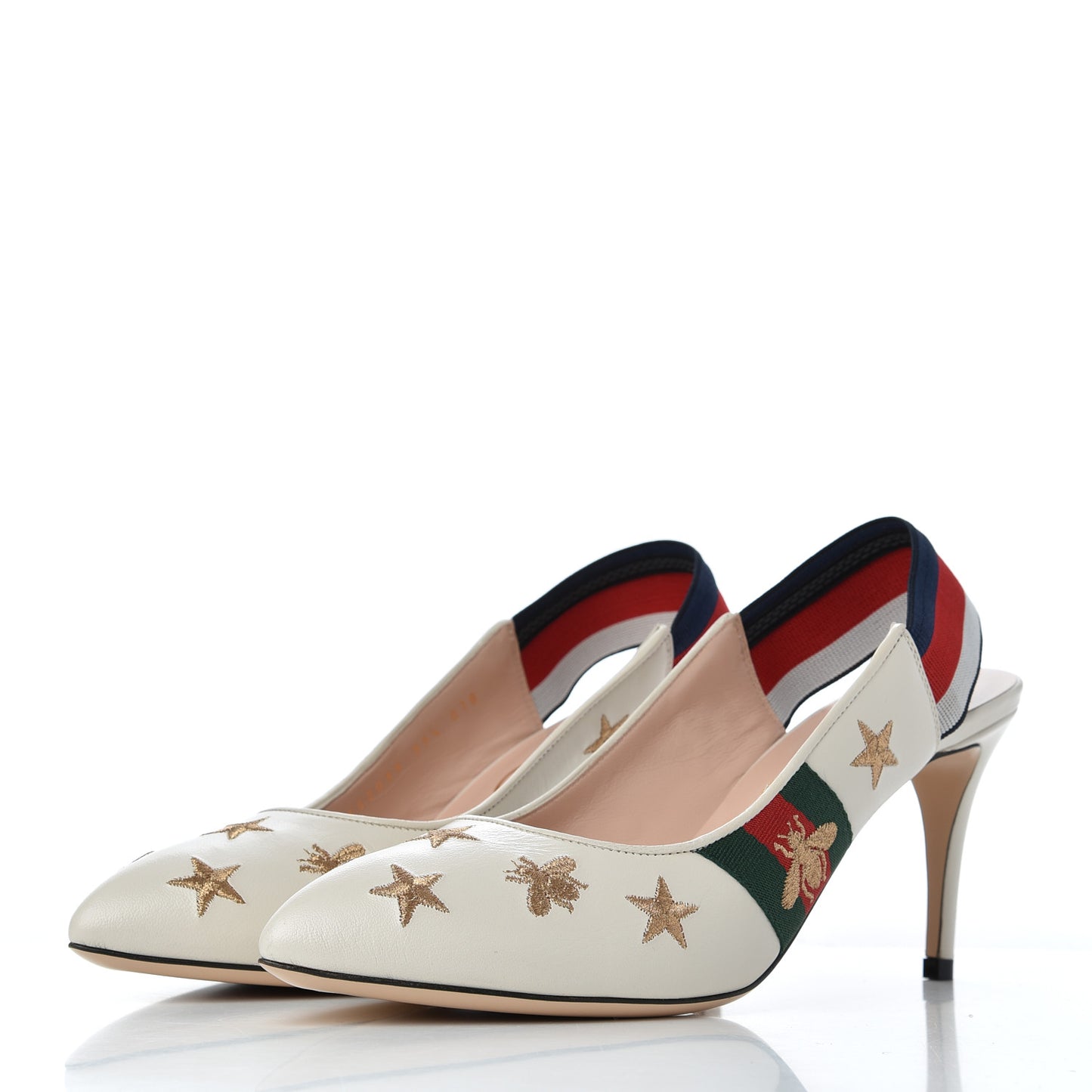 Malaga Kid Web Bee Star Embroidered Sylvie Mid Heel Slingback Pumps 39.5 White