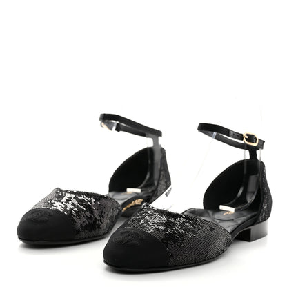 Chanel Sequin Grosgrain CC Cap Toe Ankle Flat 37 Black 3 of 8