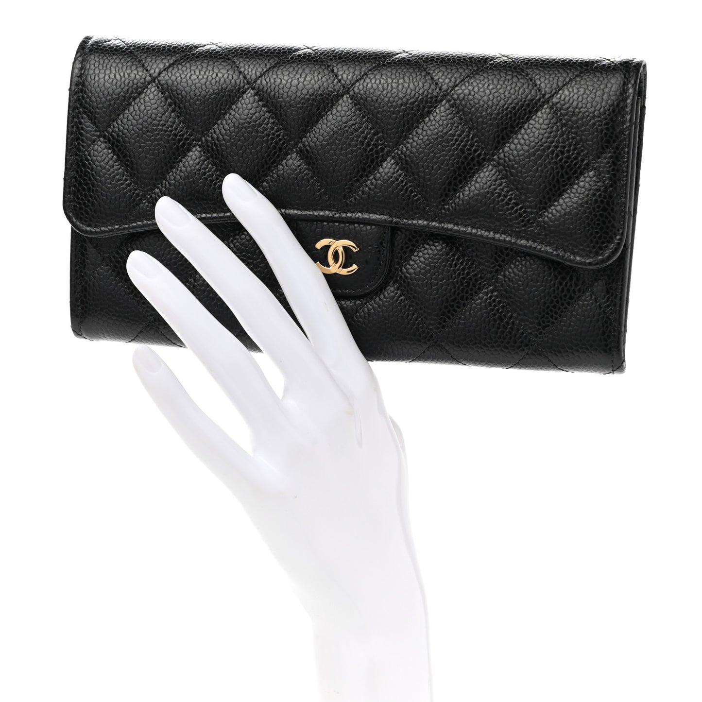 Caviar Quilted Large Gusset Flap Wallet Black