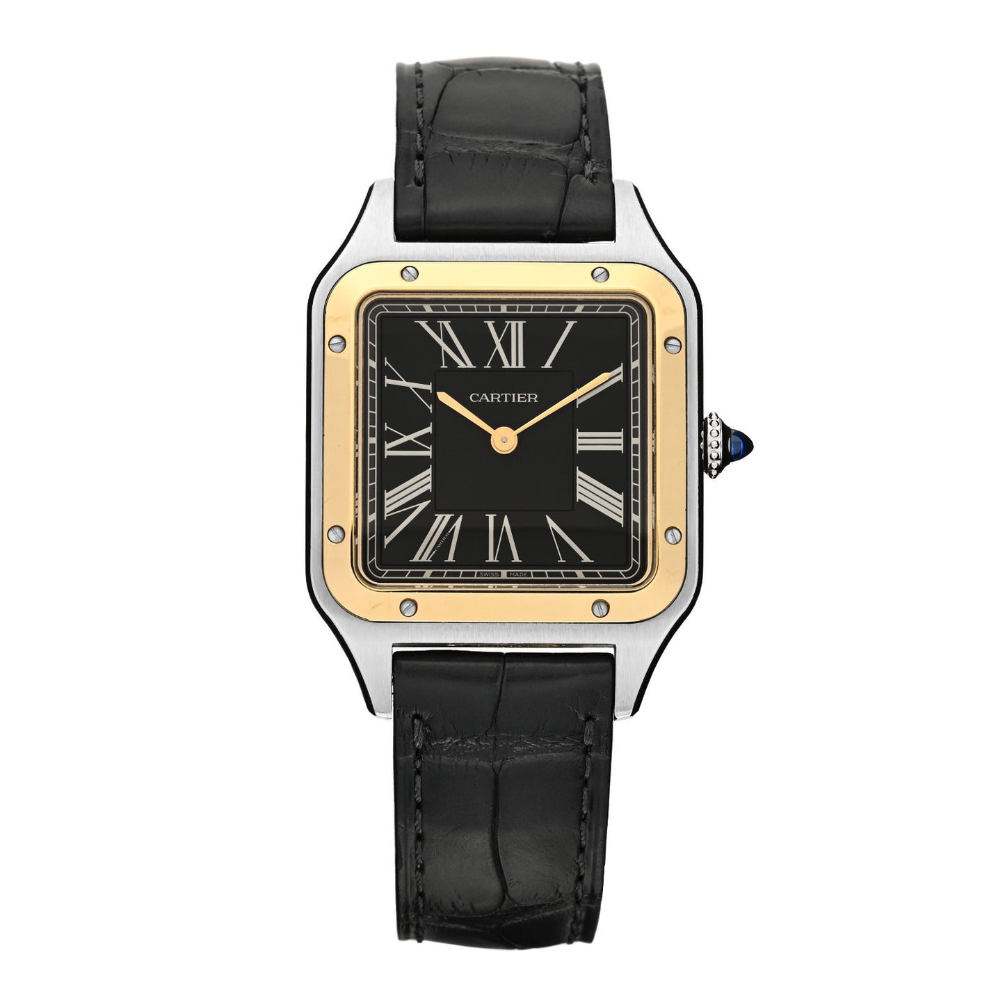 Stainless Steel 18K Yellow Gold Alligator 31.5mm Santos Dumont Automatic Watch Black