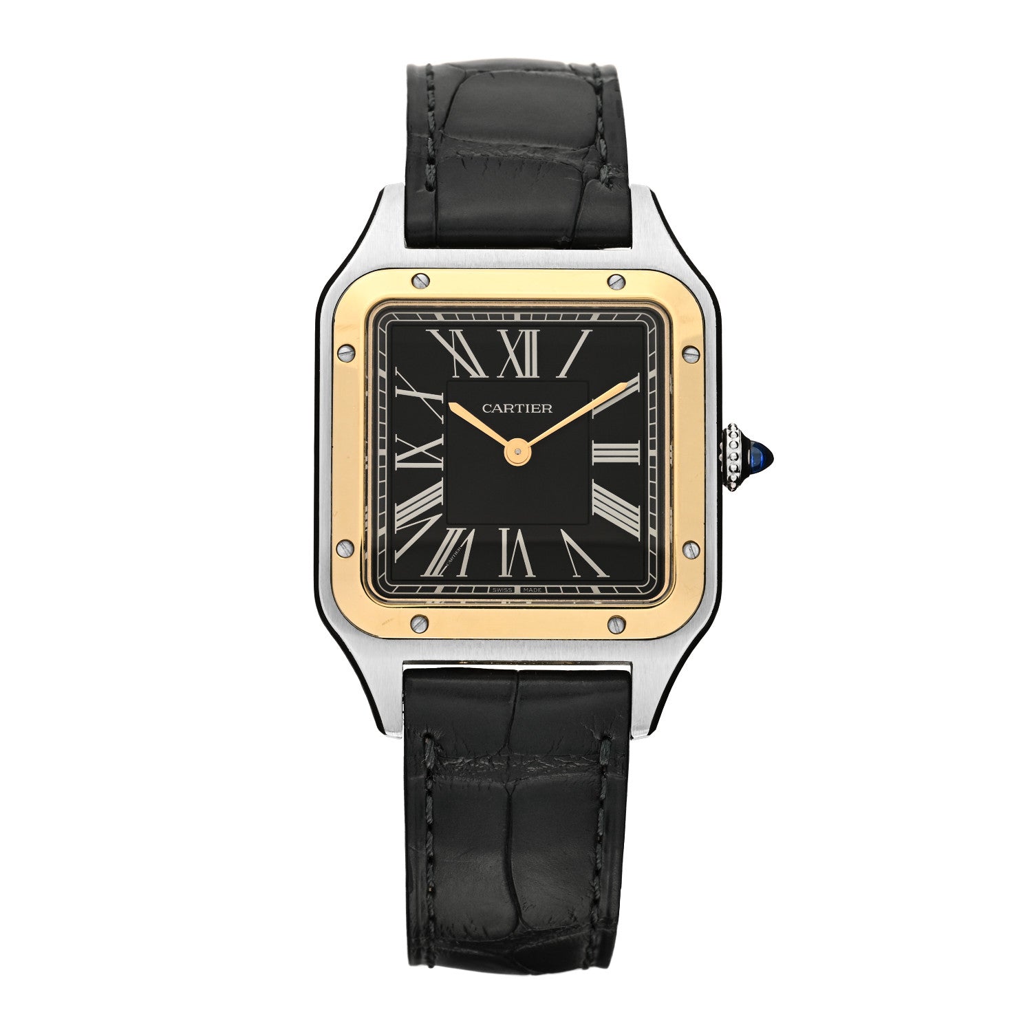 Cartier Stainless Steel 18K Yellow Gold Alligator 31.5mm Santos Dumont Automatic Watch Black 1 of 4