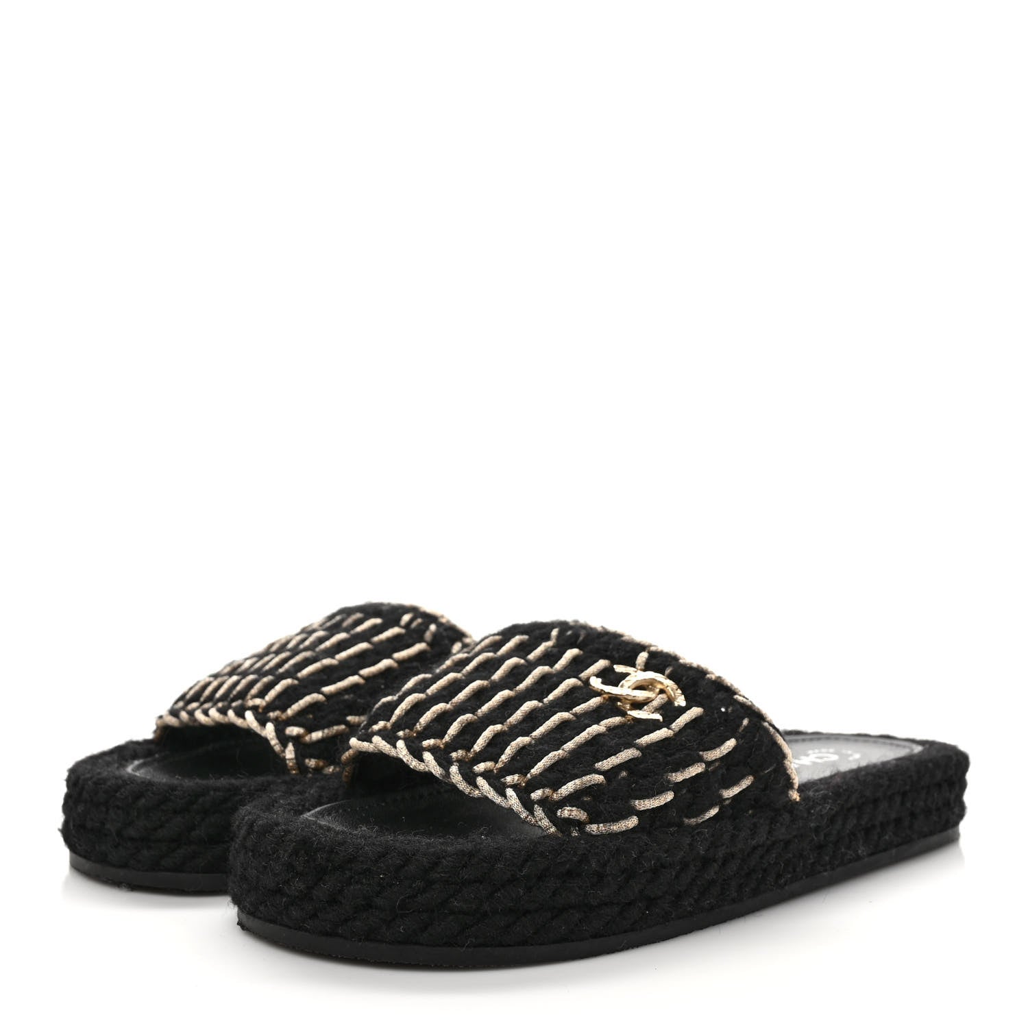 Chanel Braided Knit CC Mules 37 Black Gold 3 of 8
