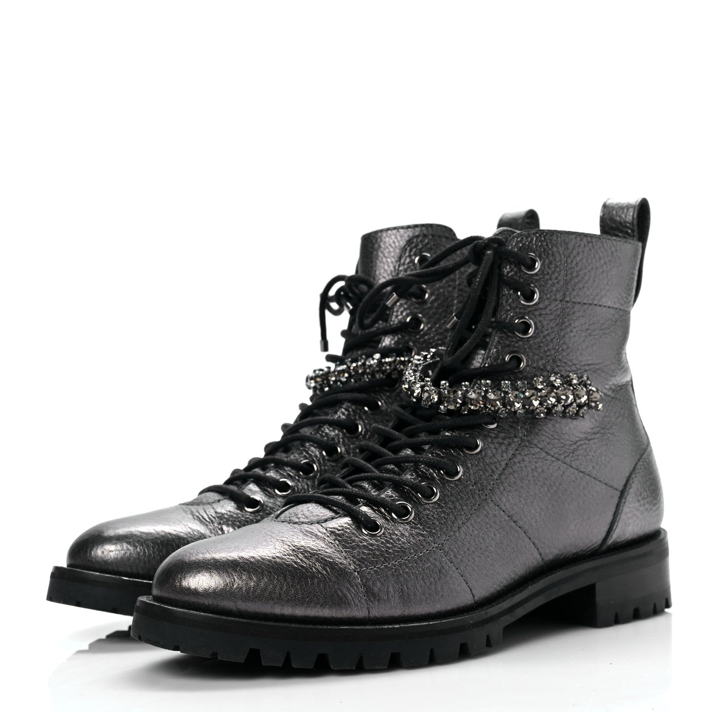 Metallic Grained Calfskin Crystal Embellished Cruz Combat Boots 37.5 Silver