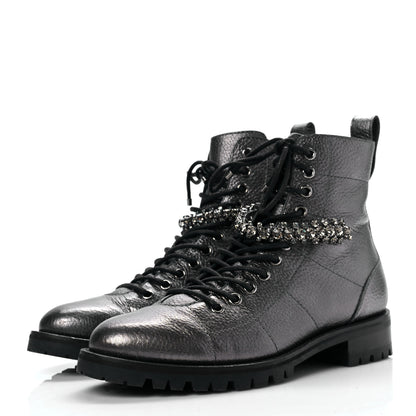 Jimmy Choo Metallic Grained Calfskin Crystal Embellished Cruz Combat Boots 37.5 Silver 3 of 6