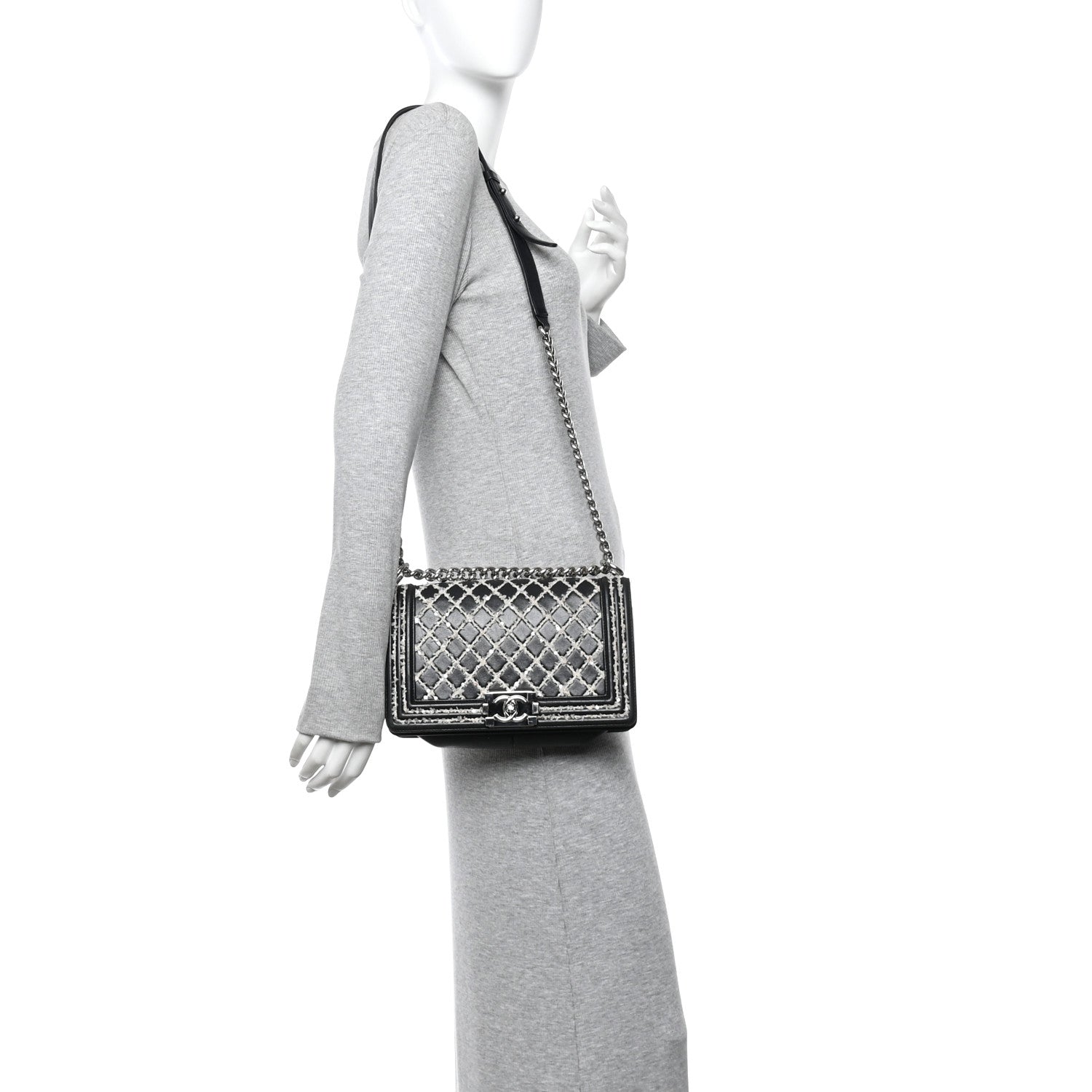 Chanel Calfskin Tweed Sequin Stitched Medium Boy Flap Black White 2 of 15