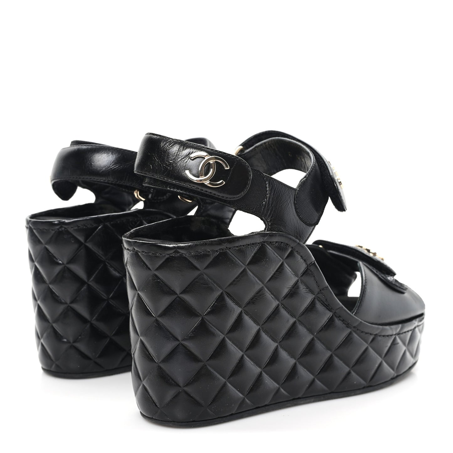 Shiny Calfskin Quilted Wedge Sandals 37 Black