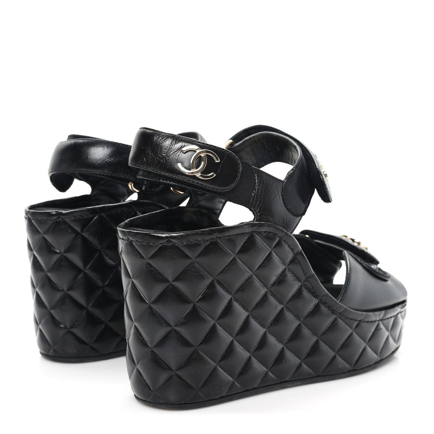 Chanel Shiny Calfskin Quilted Wedge Sandals 37 Black 5 of 9