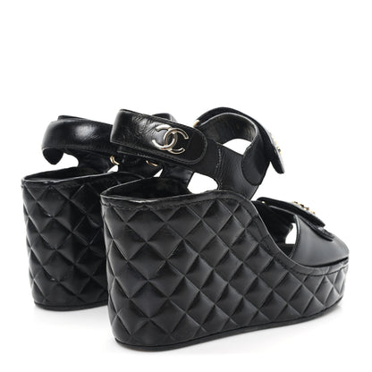 Chanel Shiny Calfskin Quilted Wedge Sandals 37 Black 5 of 9