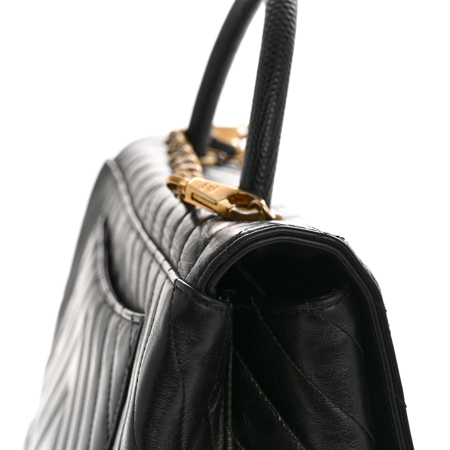 Calfskin Lizard Chevron Quilted Medium Coco Handle Flap Black