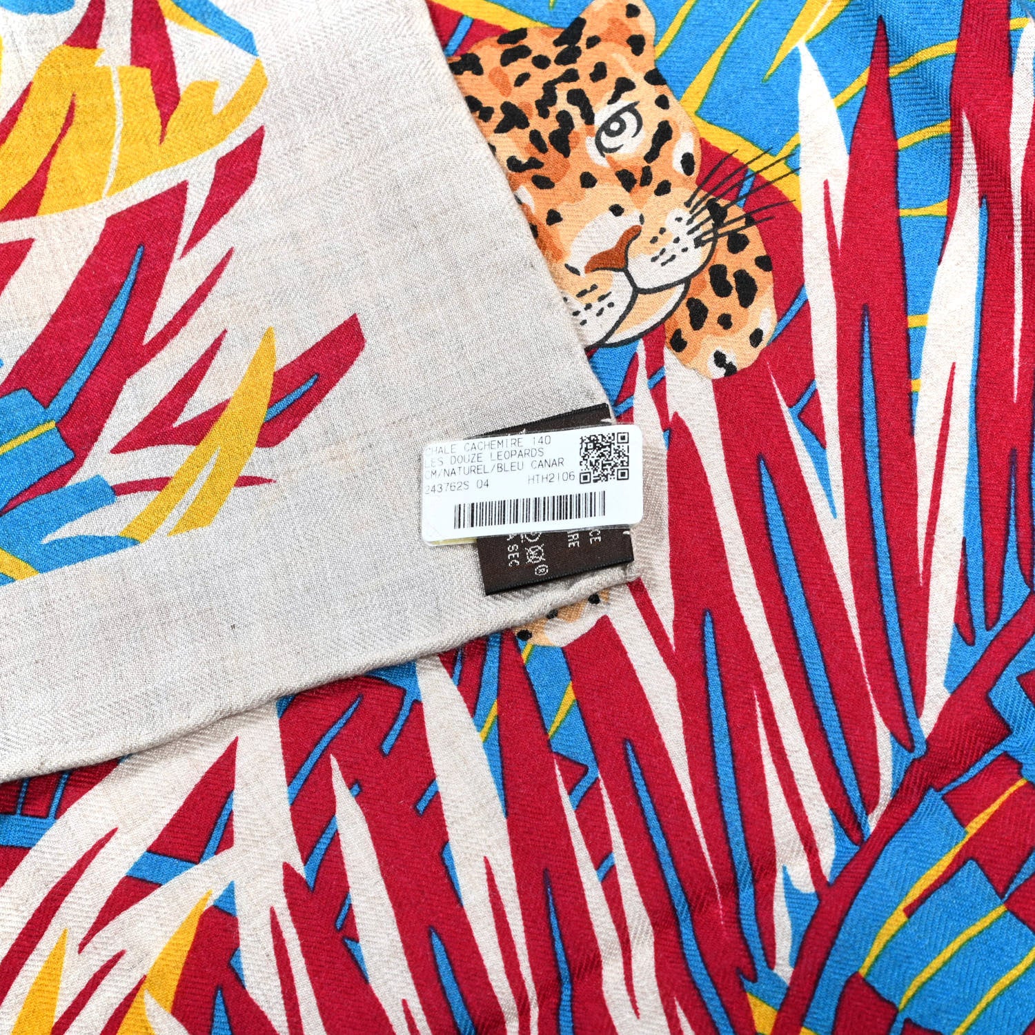 Hermes Cashmere Silk Les Douze Leopards Shawl 140 Naturel Bleu Canard 2 of 6