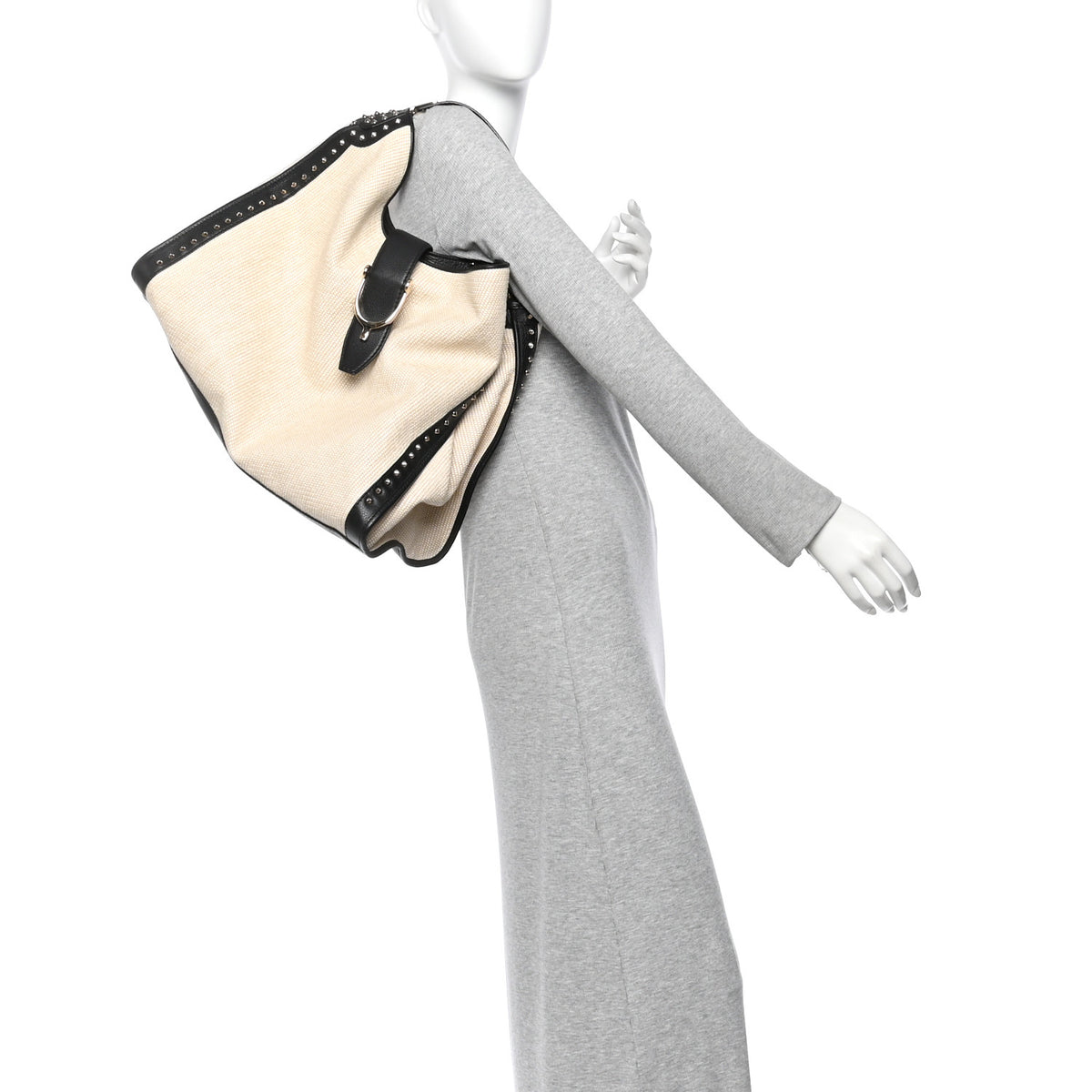 Canvas Calfskin Studded Large Soft Stirrup Shoulder Bag White Black