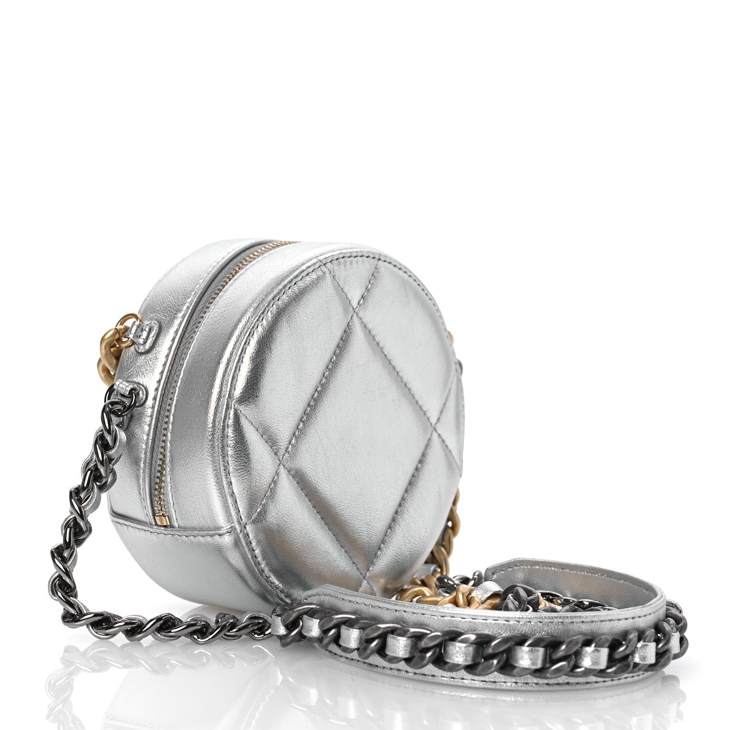 Chanel Metallic Lambskin Quilted Chanel 19 Round Clutch With Chain Silver 3 of 12