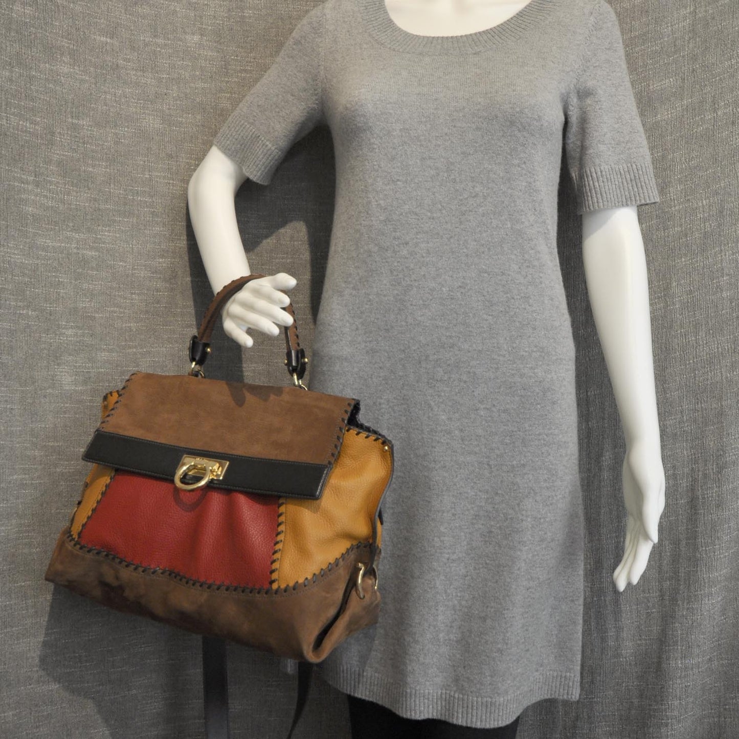 SALVATOREFERRAGAMOLeatherSuedeColorblockWhipstitchSofia