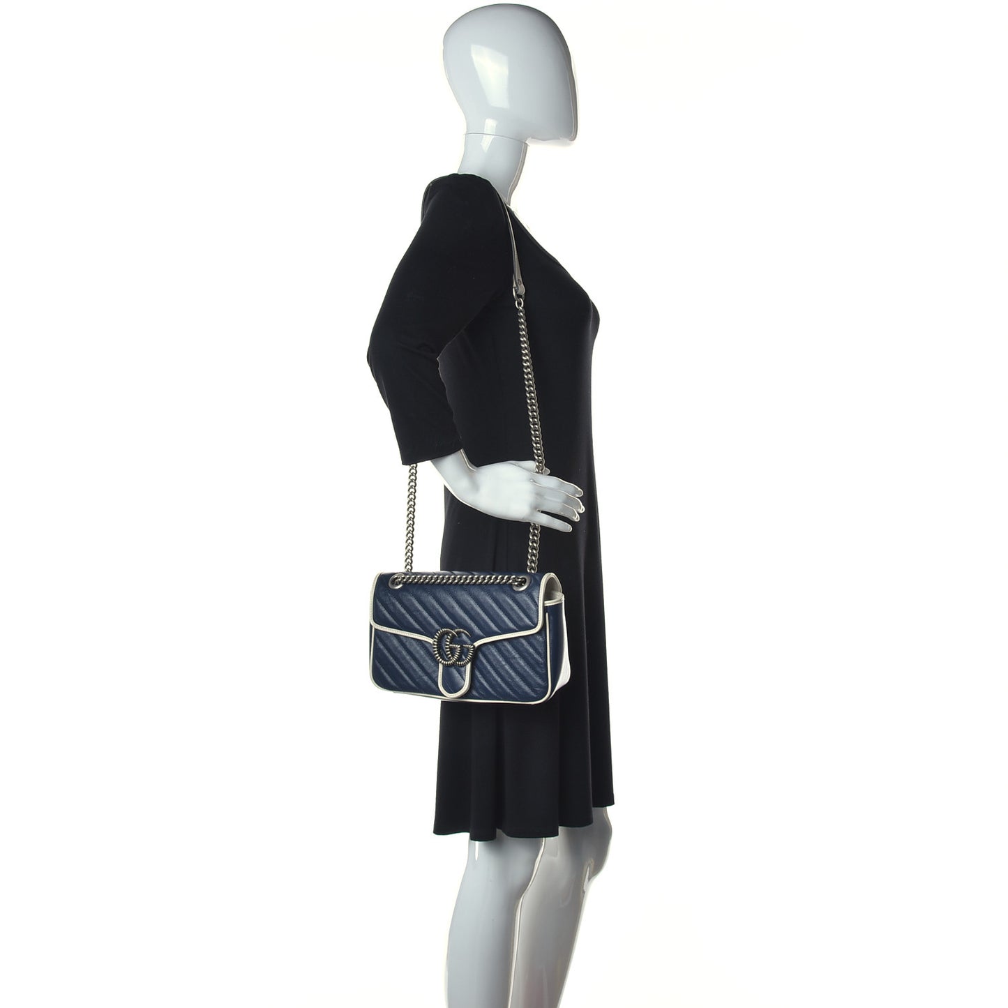 Vintage Effect Calfskin Matelasse Diagonal Small Torchon GG Marmont Shoulder Bag Blue Agata Mystic White