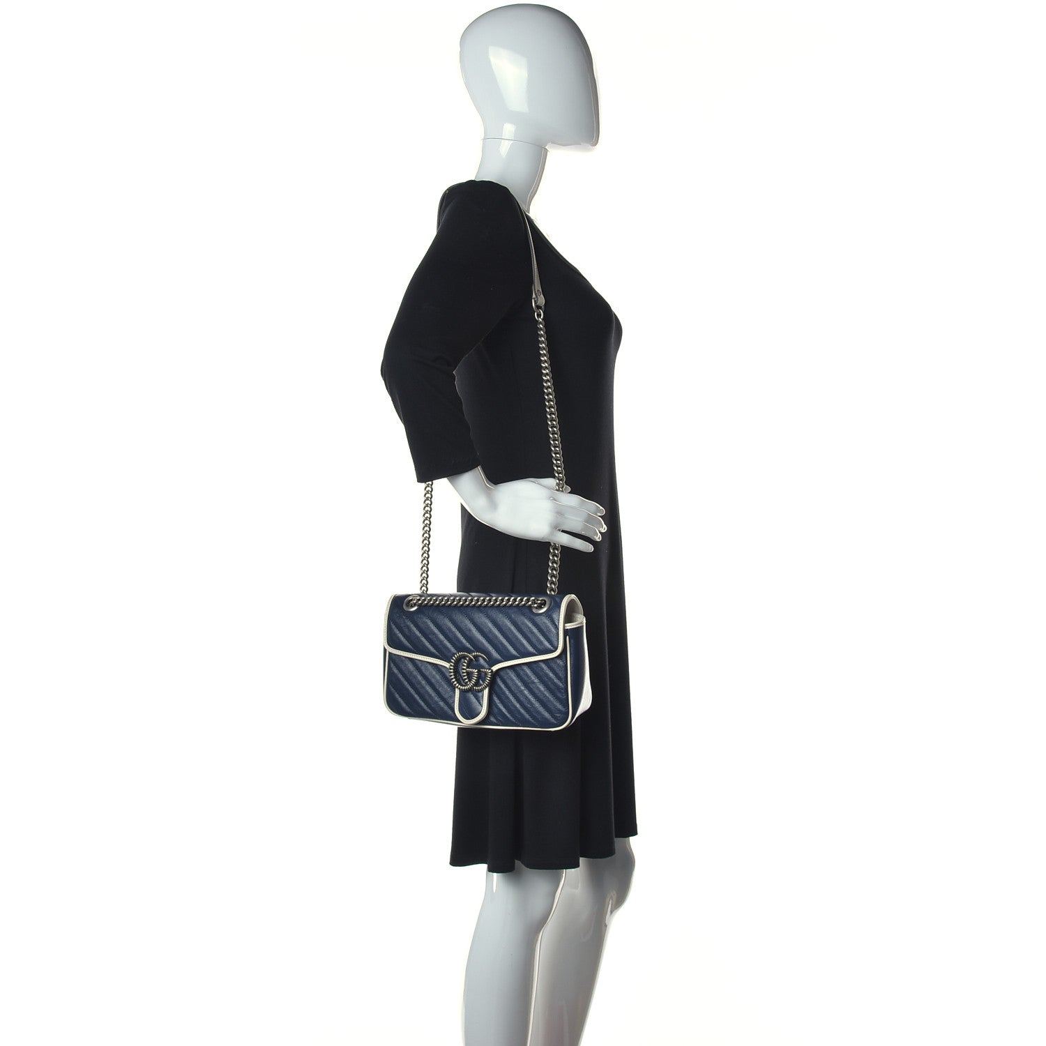 Gucci Vintage Effect Calfskin Matelasse Diagonal Small Torchon GG Marmont Shoulder Bag Blue Agata Mystic White 2 of 11
