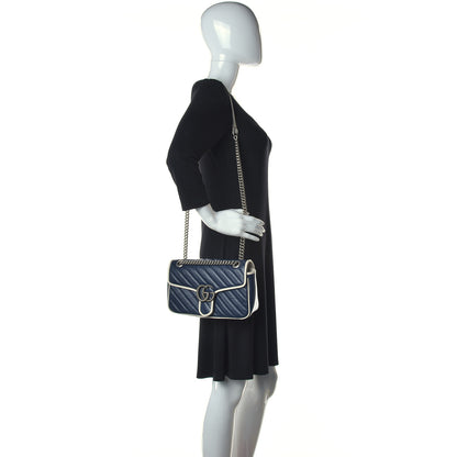 Gucci Vintage Effect Calfskin Matelasse Diagonal Small Torchon GG Marmont Shoulder Bag Blue Agata Mystic White 2 of 11