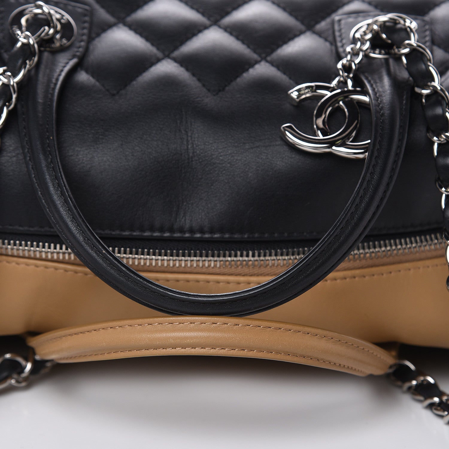 Chanel Calfskin Quilted Feather Weight Bowling Bag Black Beige 11 of 13