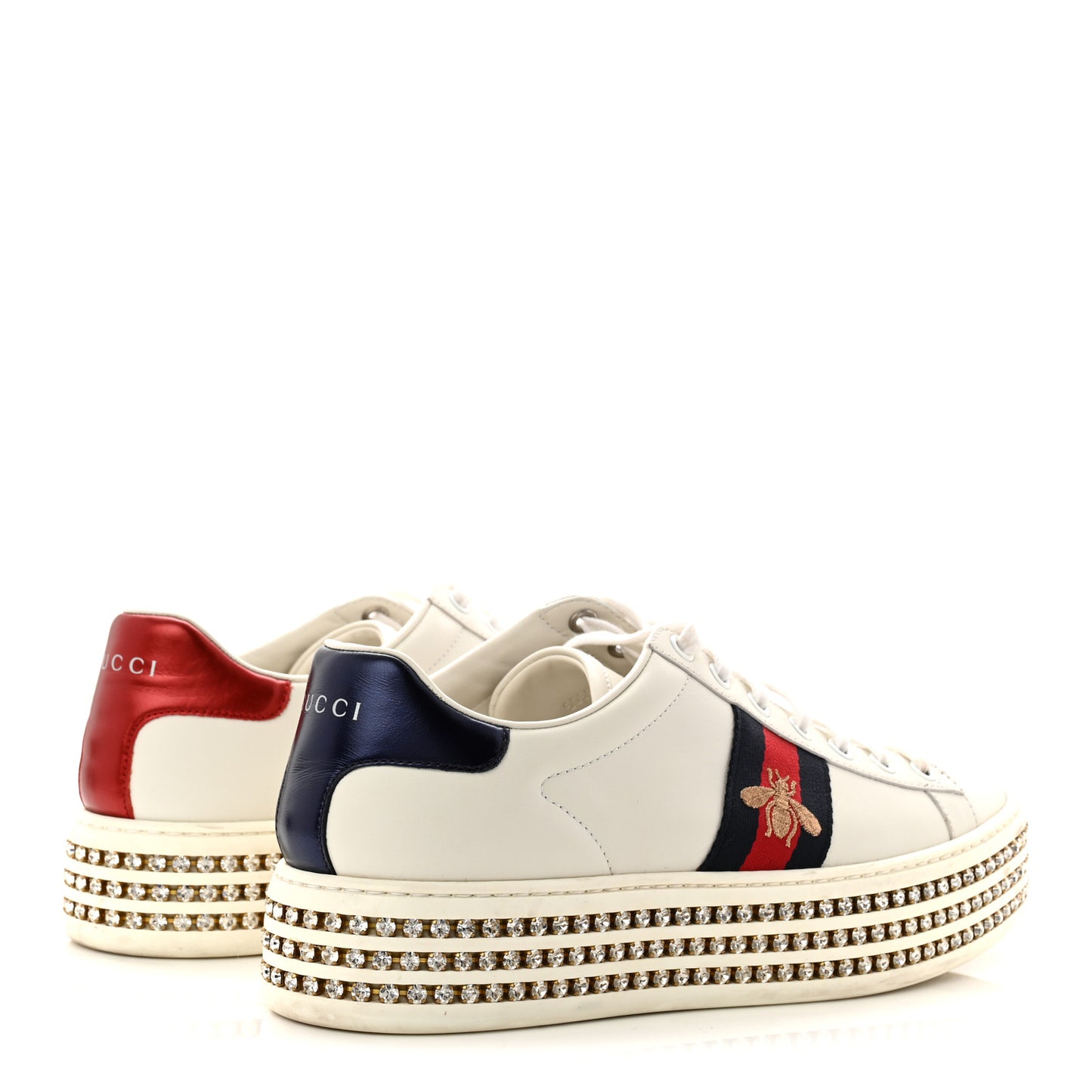 Calfskin Crystal Web Bee Embroidered Womens Ace Platform Sneakers 39 White