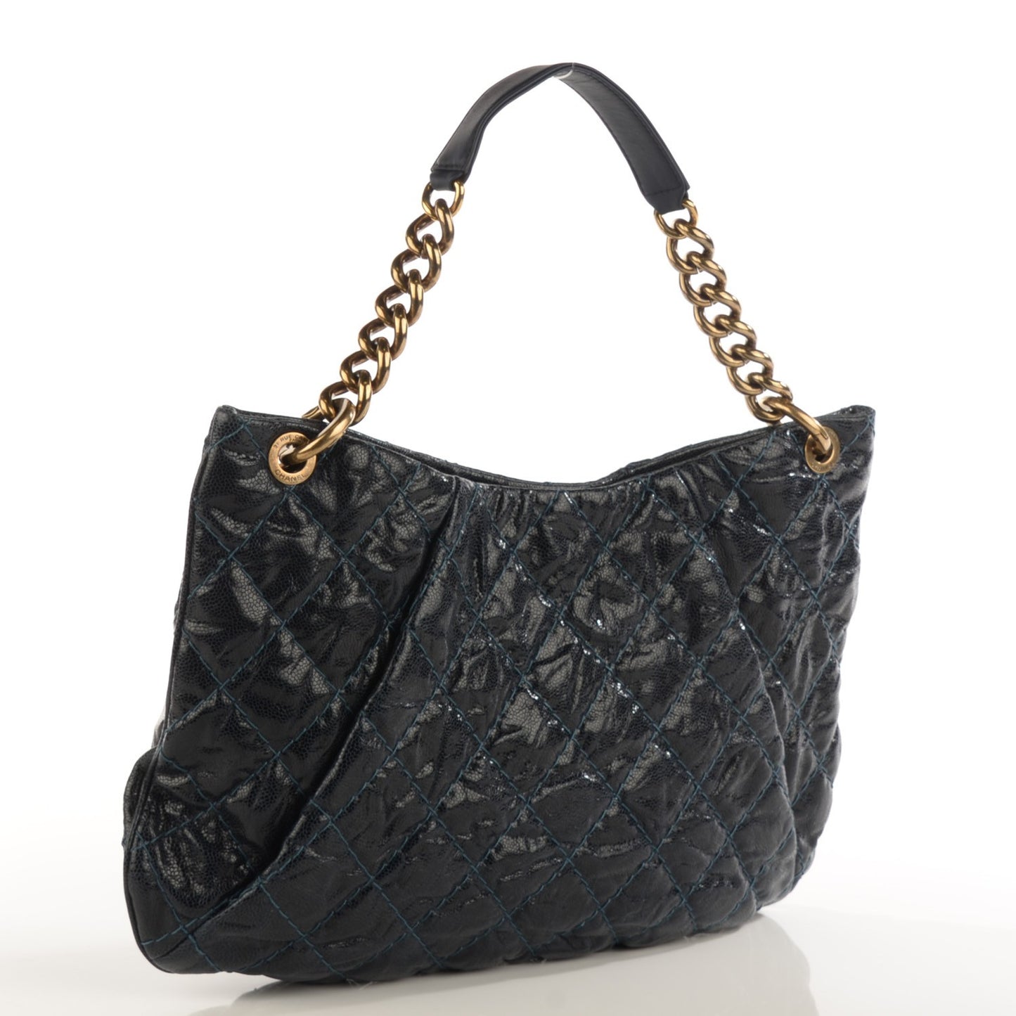 Crumpled Grained Calfskin Coco Pleats Hobo Dark Blue