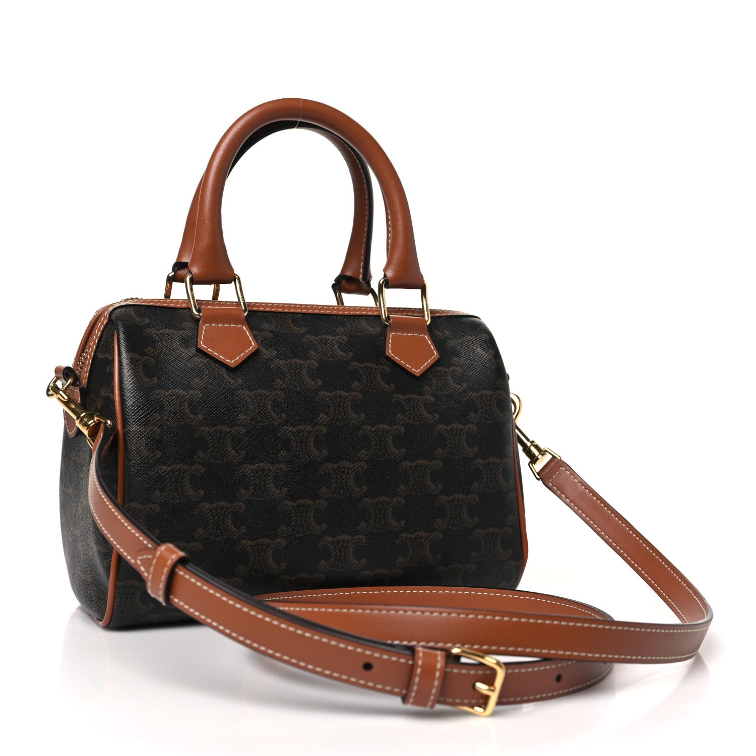 Celine Triomphe Canvas Calfskin Small Boston Bag Tan 3 of 10