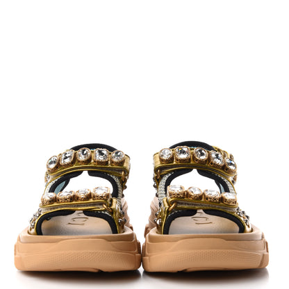 Gucci Silk Calfskin Mesh Crystal Embellished Studded Womens Aguru Sandals 36 Gold 2 of 10
