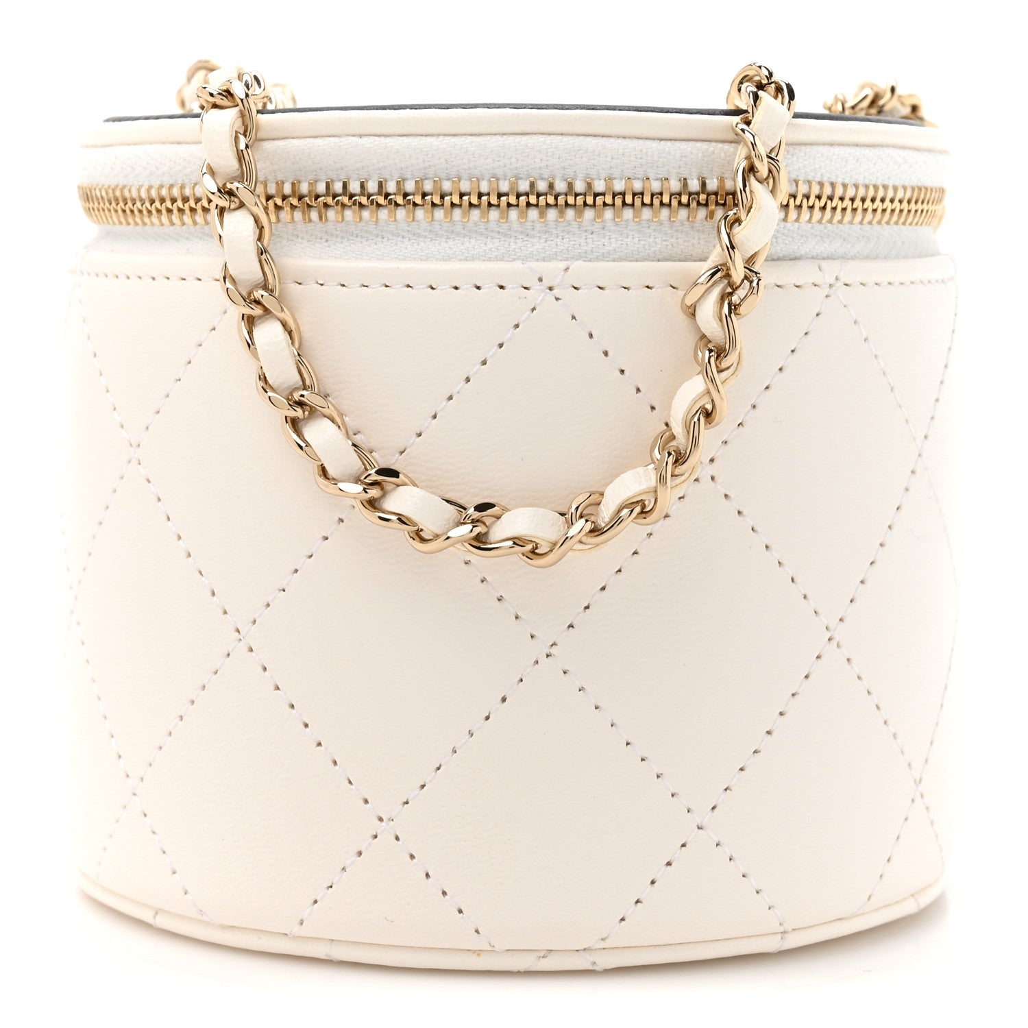 Chanel Lambskin Quilted Round Small Vanity Case With Chain White Black 1 of 12