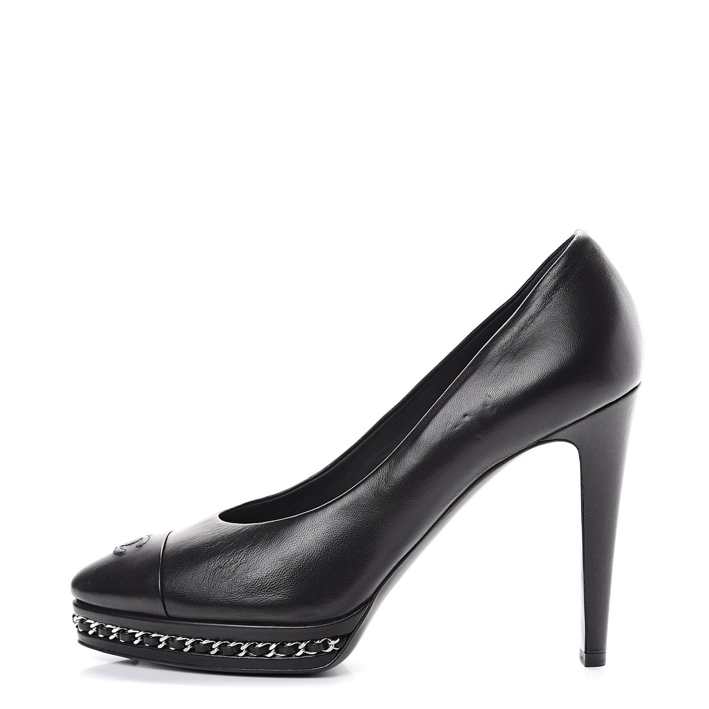 Lambskin CC Cap Toe Platform Chain Pumps 39 Black
