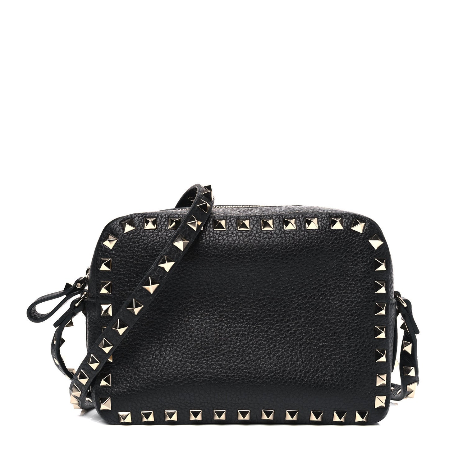 Pebbled Calfskin Rockstud Camera Crossbody Bag Black