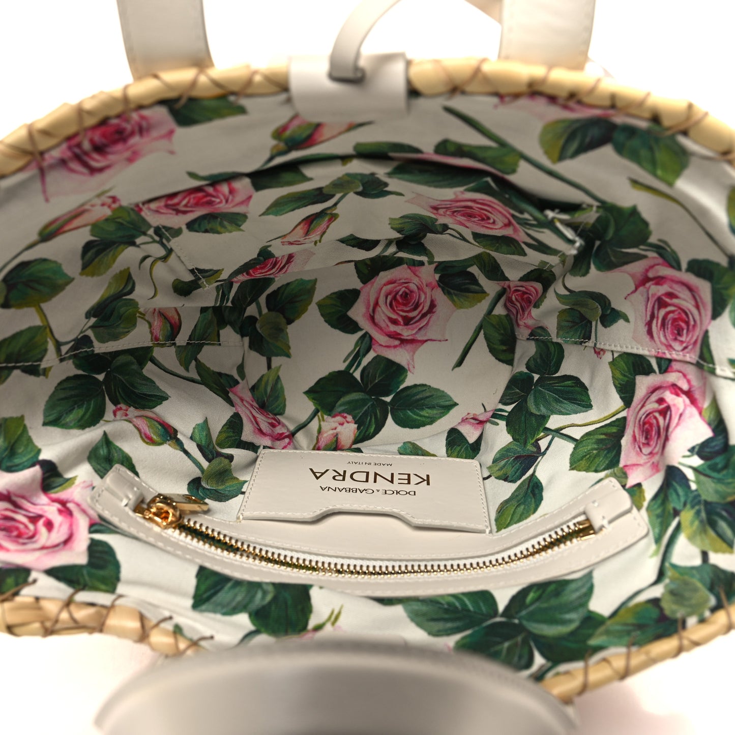 Woven Raffia Calfskin Rose Embellished Mini Kendra Tote Pink Multicolor