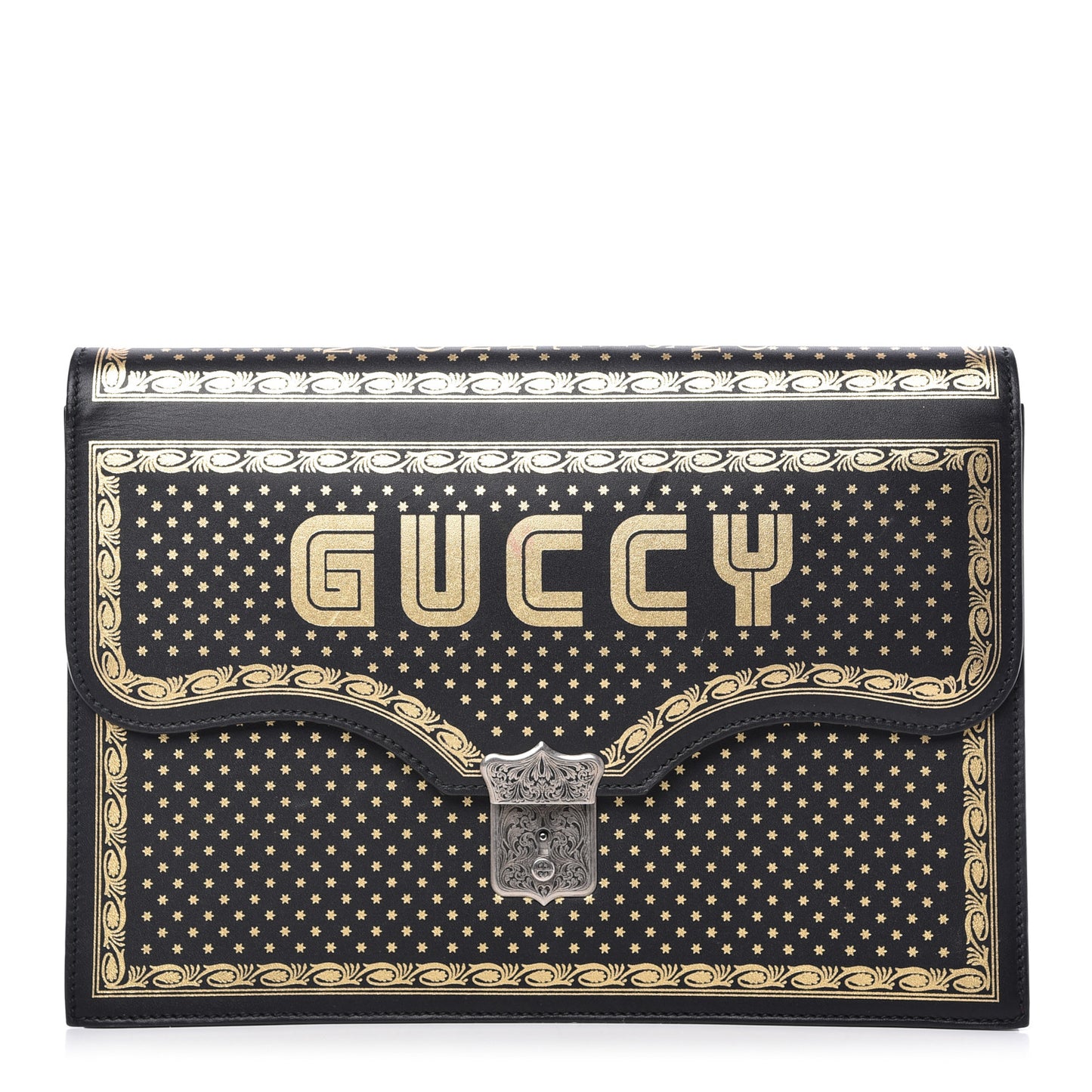 X SEGA Calfskin GUCCY Stars Portfolio Bag Black Gold