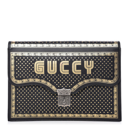 Gucci X SEGA Calfskin GUCCY Stars Portfolio Bag Black Gold 1 of 9