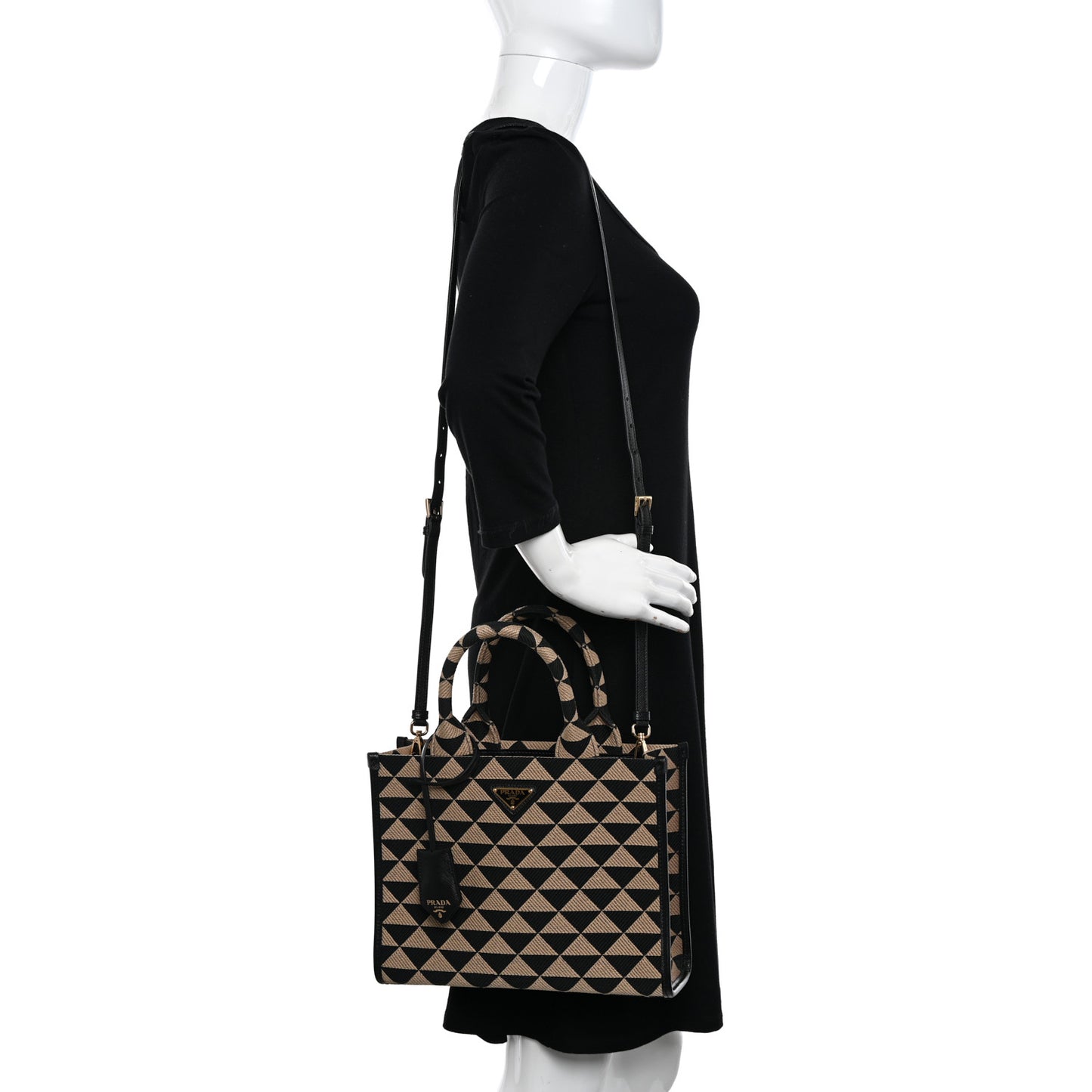 Jacquard Saffiano Triangolo Symbole Embroidered Small Tote Black Corda