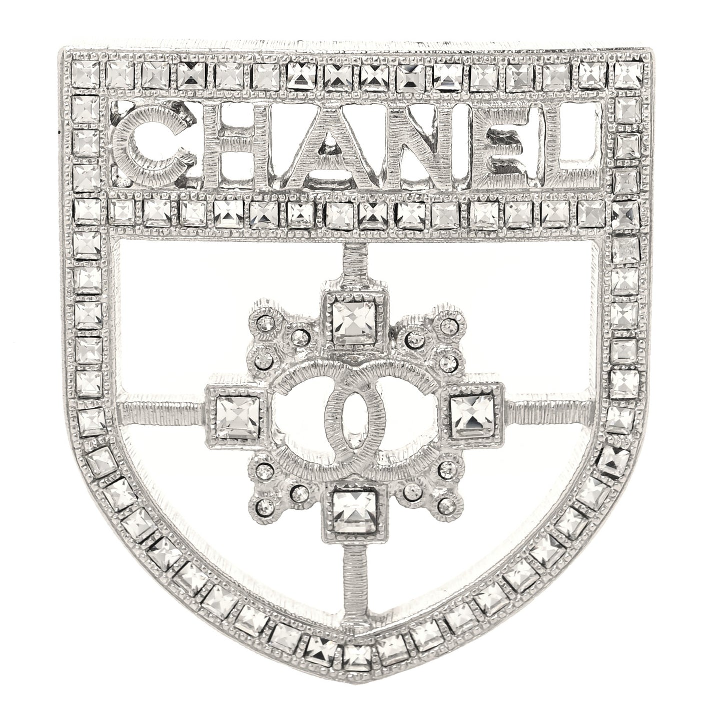 Swarovski Baguette Crystal CC Shield Brooch Silver