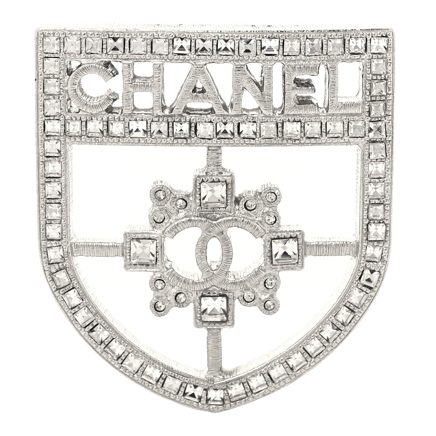 Chanel Swarovski Baguette Crystal CC Shield Brooch Silver 1 of 4