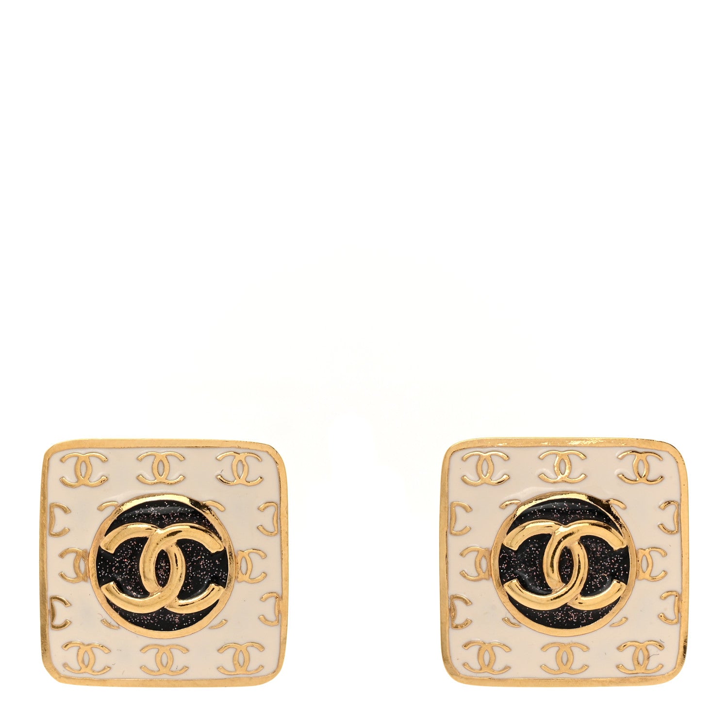 Chanel Metal Glitter Sparkle CC Square Earrings Gold White Black 1 of 5