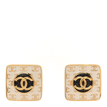 Chanel Metal Glitter Sparkle CC Square Earrings Gold White Black 1 of 5