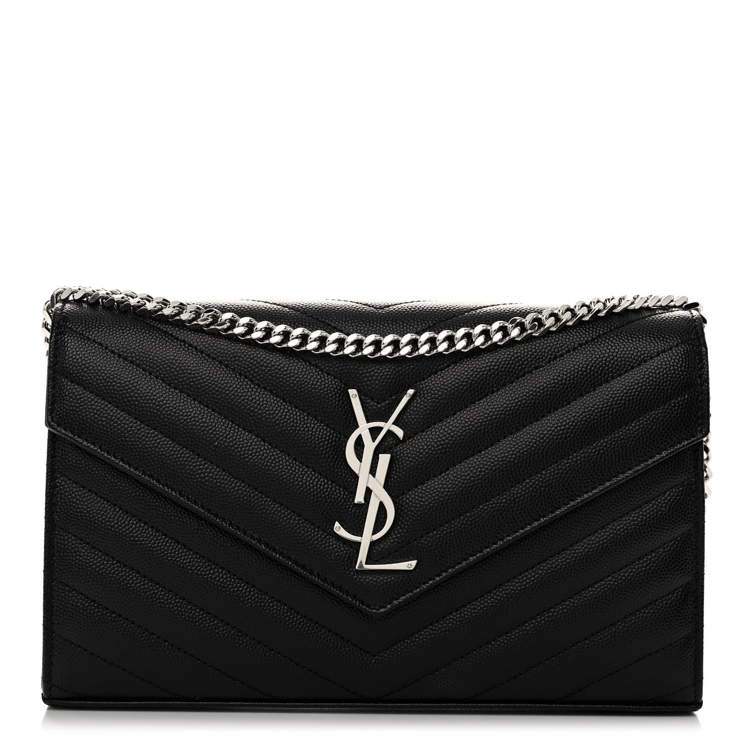 Saint Laurent Grain De Poudre Matelasse Chevron Monogram Chain Wallet Black 1 of 9