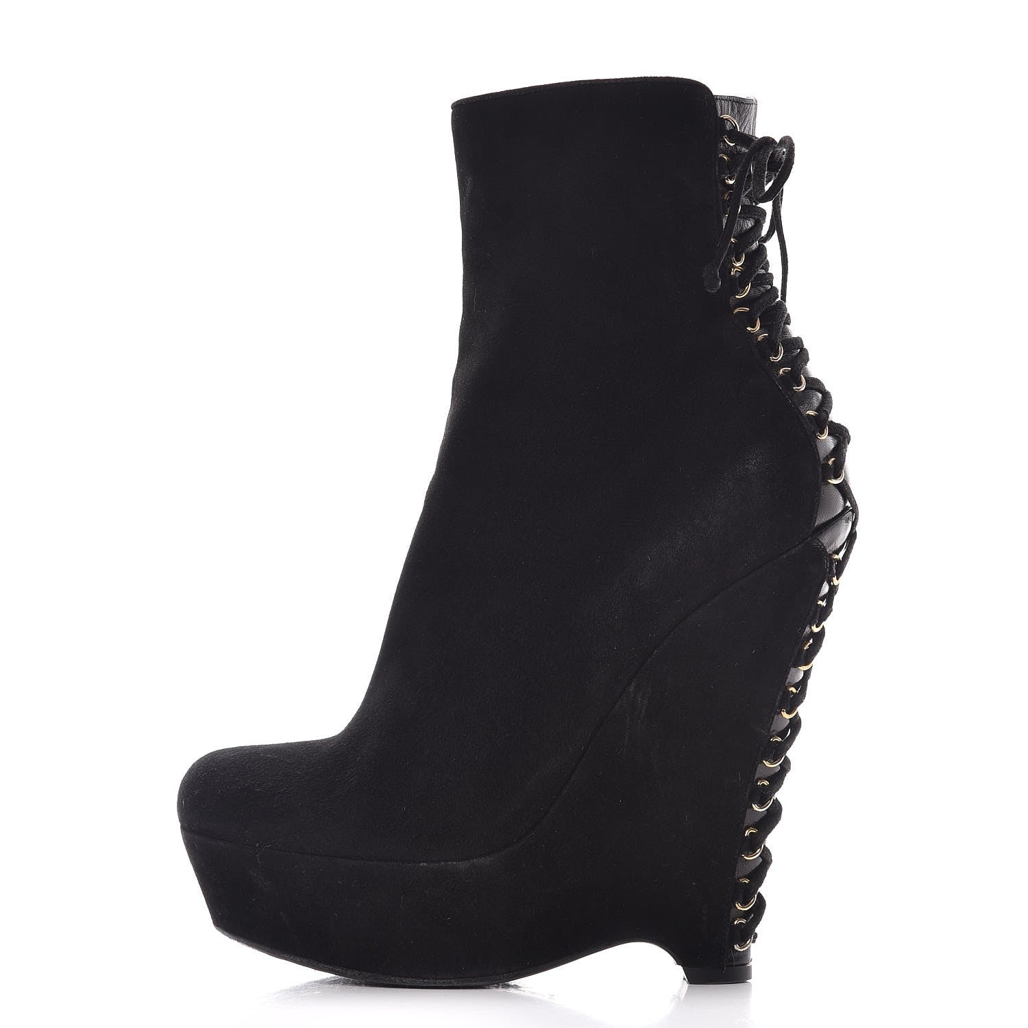 Saint Laurent Suede Corset Wedge Boots 37.5 Black 1 of 12