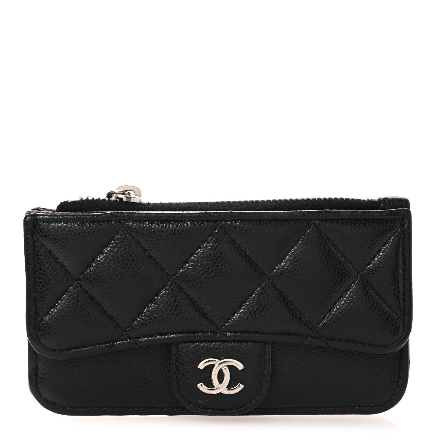 Caviar Quilted Flap Zip Card Holder Black