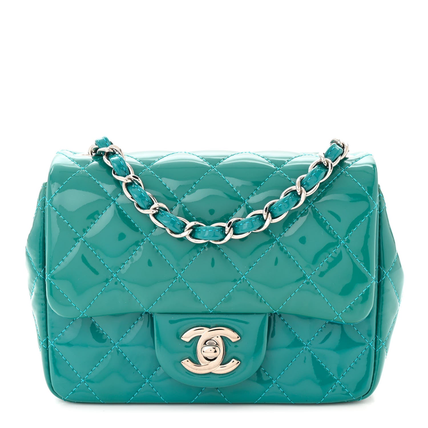 Chanel Patent Quilted Mini Square Flap Turquoise 1 of 11