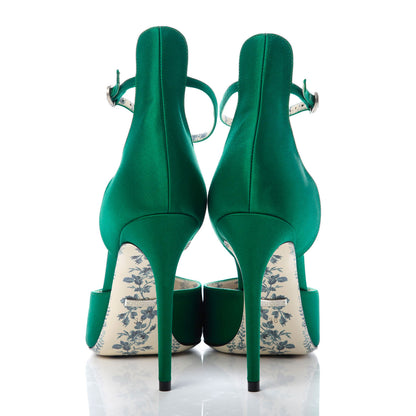 Gucci Satin Daisy Ankle Strap d'Orsay 105 Pumps 38 Emerald Green 6 of 9