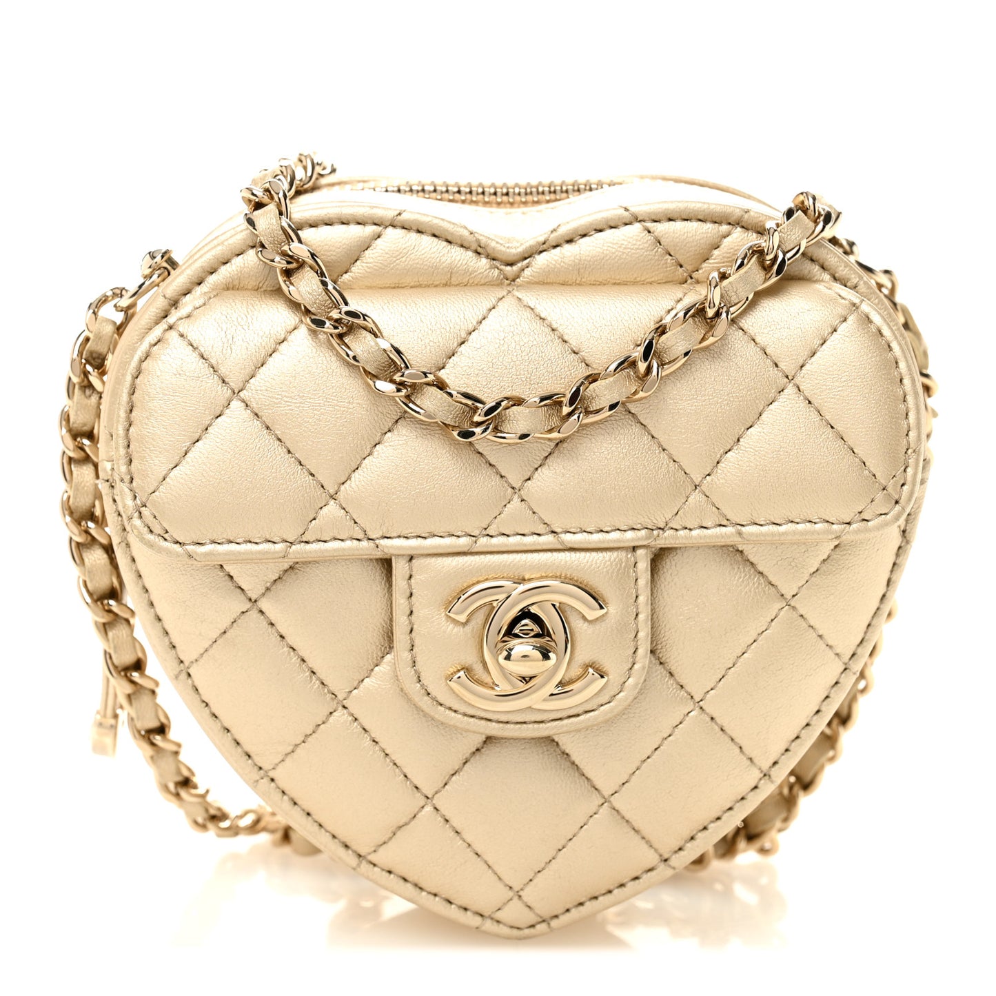 Metallic Lambskin Quilted CC In Love Heart Clutch With Chain Gold
