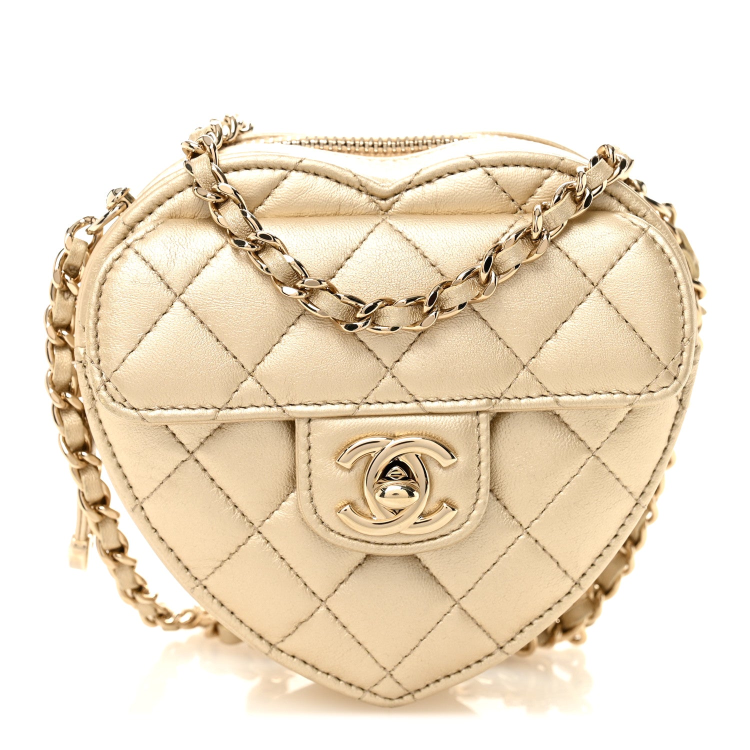 Chanel Metallic Lambskin Quilted CC In Love Heart Clutch With Chain Gold 1 of 11
